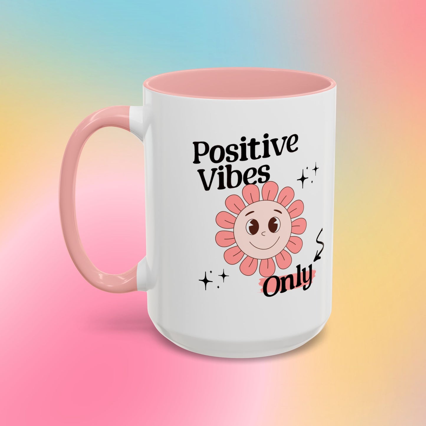 Retro Smiling Pink Flower Accent Coffee Mug — "Positive Vibes Only"