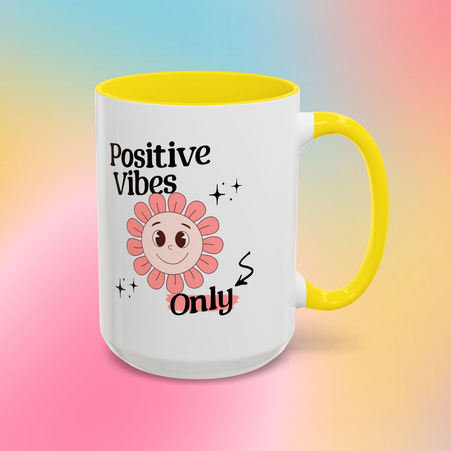 Retro Smiling Pink Flower Accent Coffee Mug — "Positive Vibes Only"