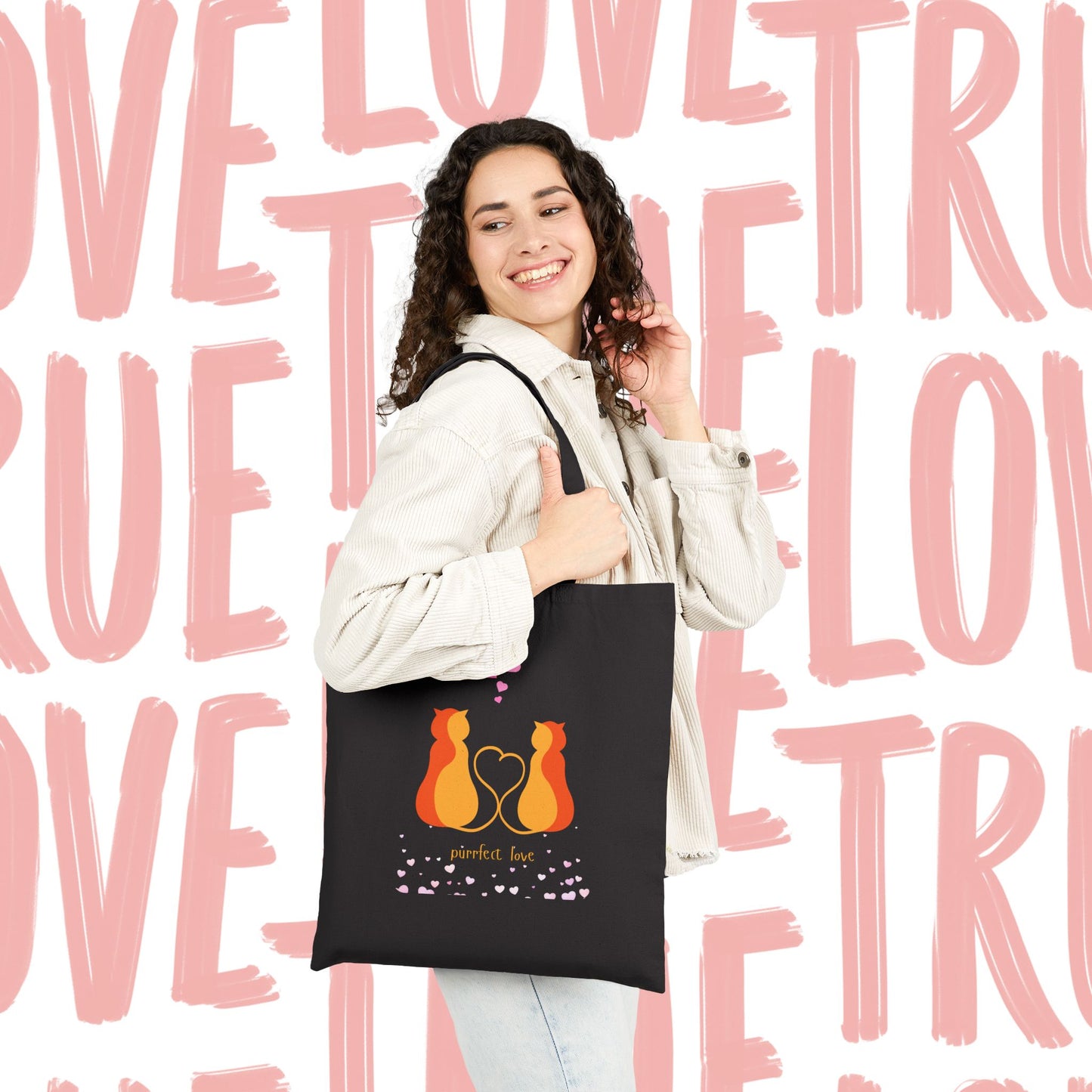 Cat Lovers Tote Bag — "Perfect Love" Canvas Tote for Valentine’s & Everyday Use