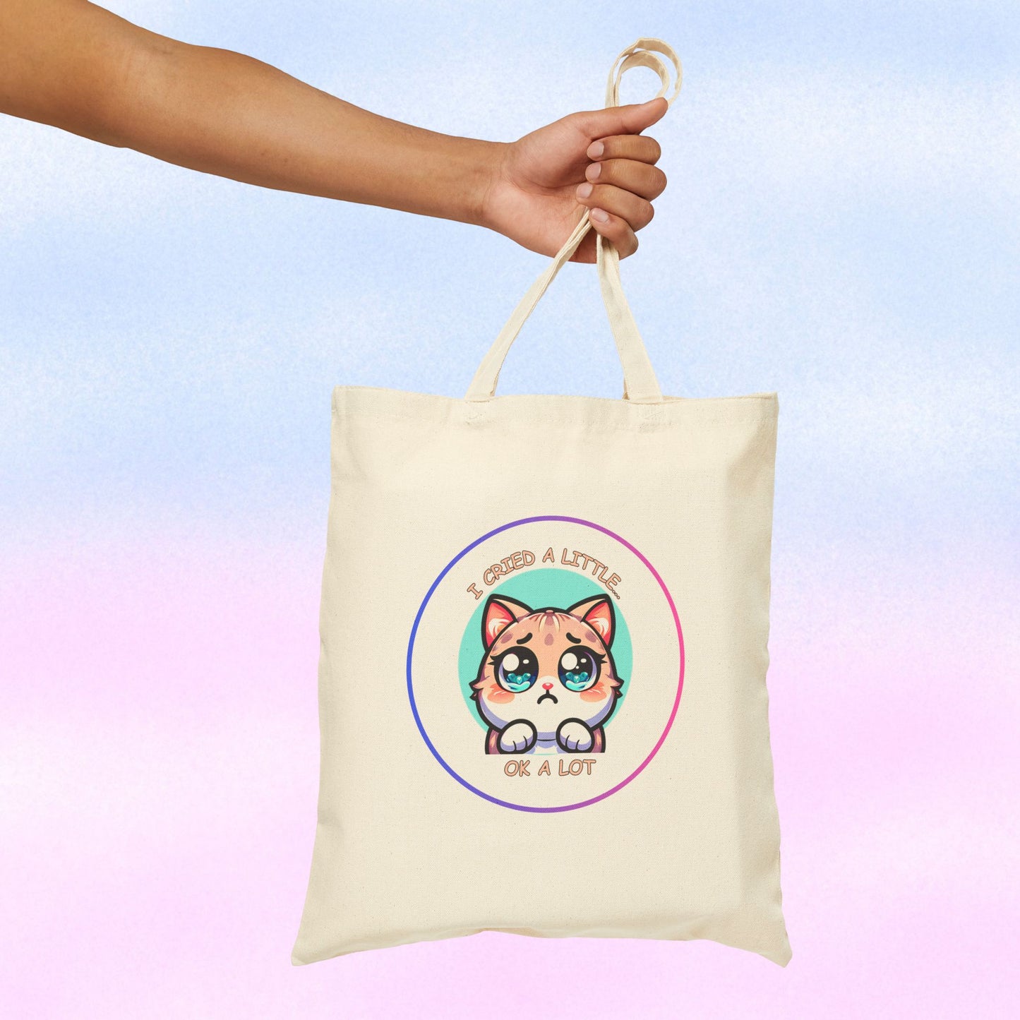Cute Wide-Eyed Cat Illustration Tote Bag | "I Cried a Little... Ok a Lot"