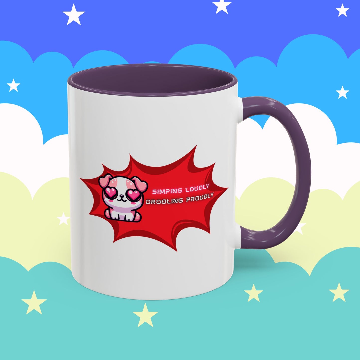 Cute Pink Bulldog Coffee Mug — “Simping Loudly, Drooling Proudly” Kawaii Heart-Eyed