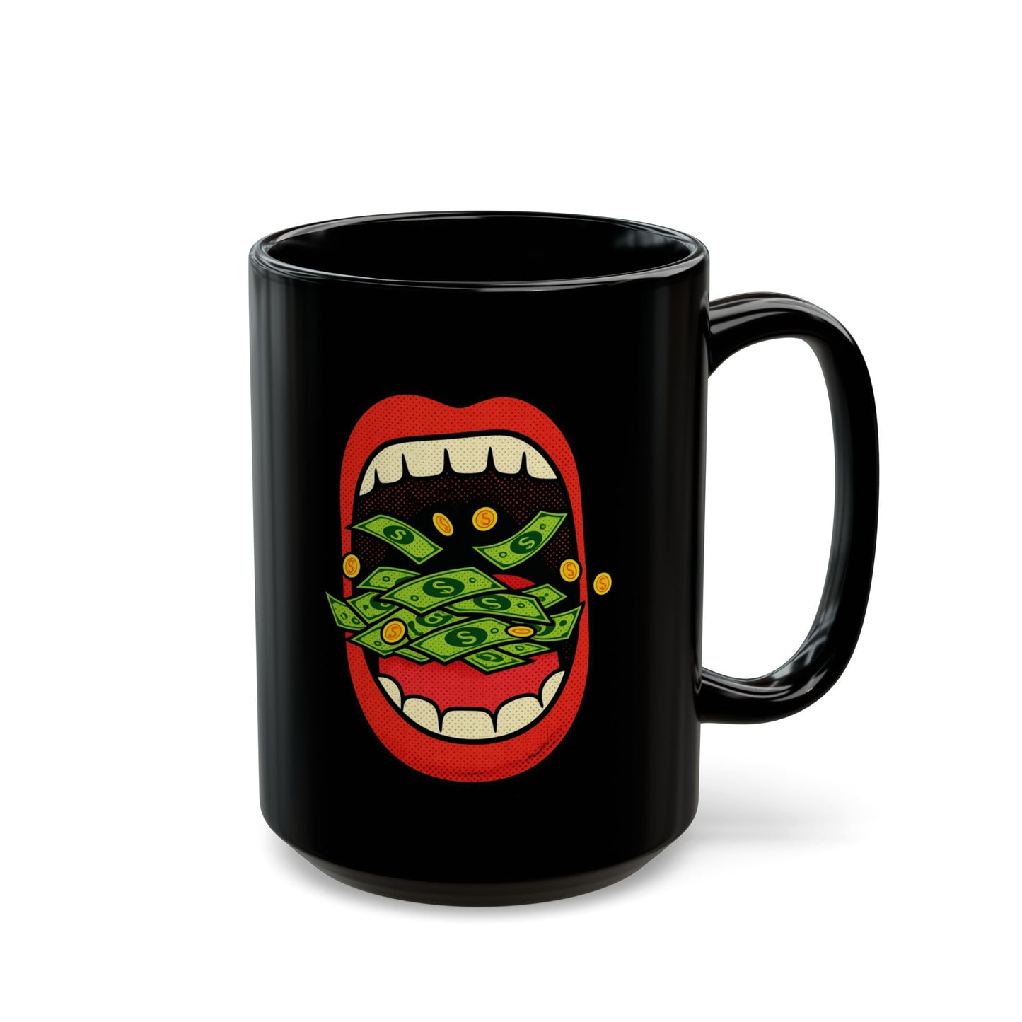 Money Mouth Mug — "Eating Prosperity" Black Coffee Cup with Cash-Throwing Lips (11oz, 15oz)
