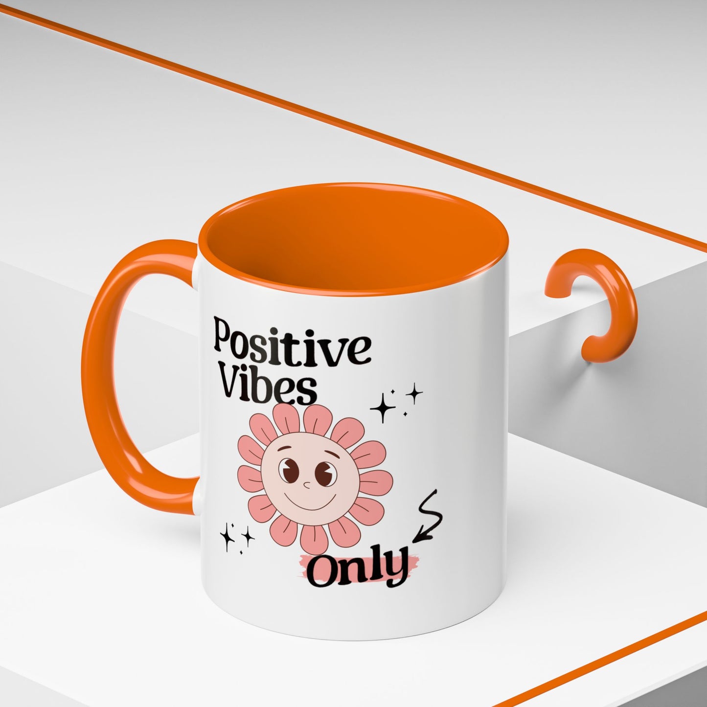 Retro Smiling Pink Flower Accent Coffee Mug — "Positive Vibes Only"