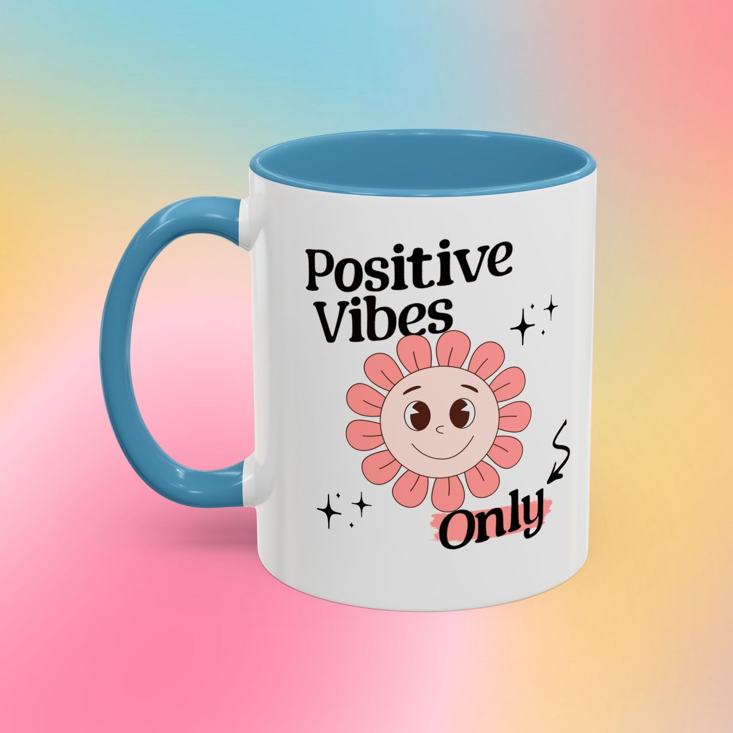 Retro Smiling Pink Flower Accent Coffee Mug — "Positive Vibes Only"