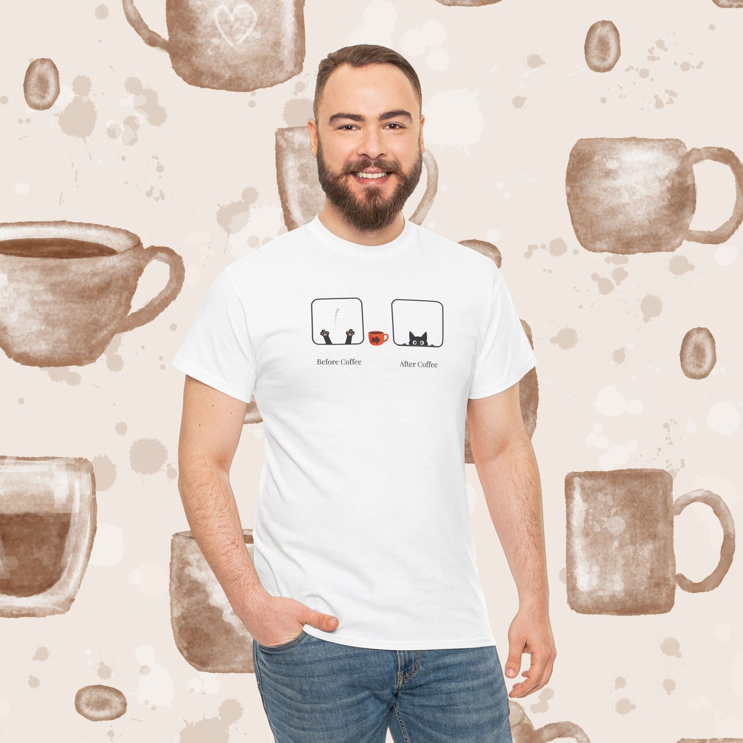 Before Coffee / After - Minimalist Coffee Cat Lover Graphic Tee