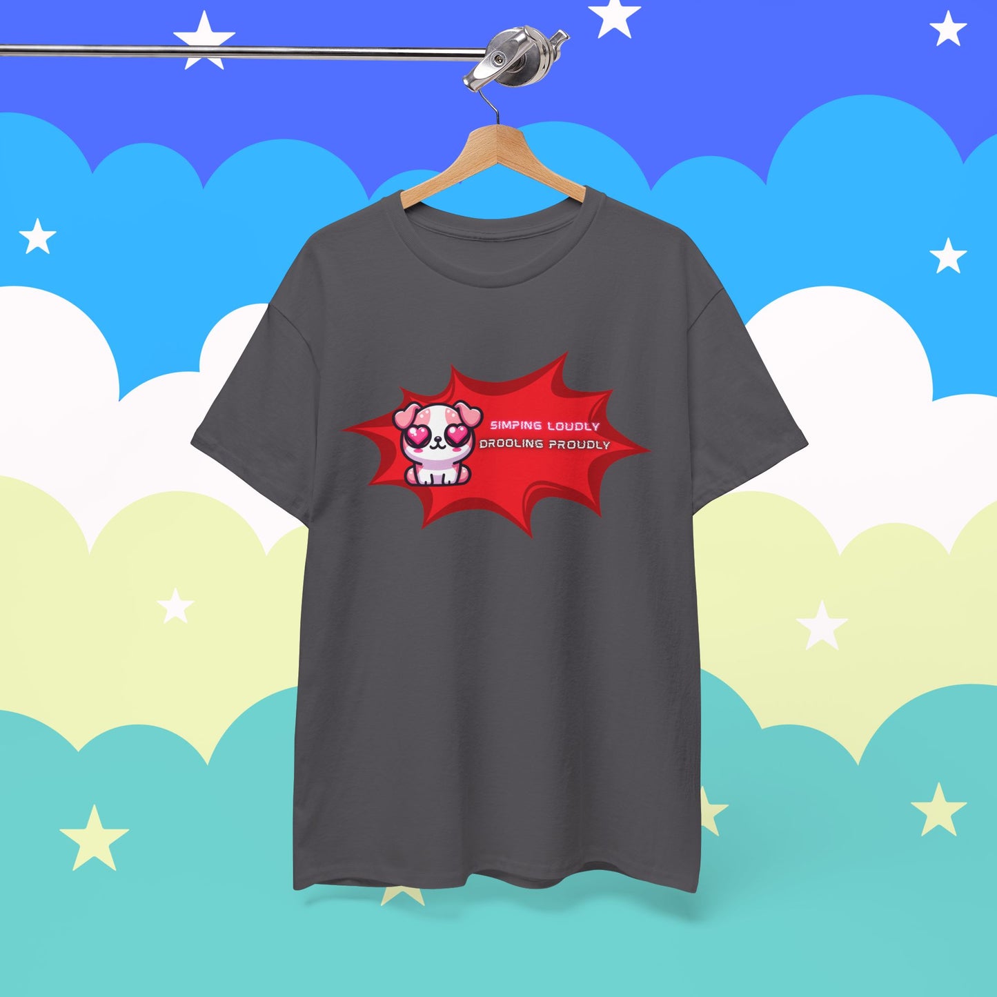 Kawaii Heart-Eyed "Simping Loudly, Drooling Proudly" Pink Bulldog T-Shirt