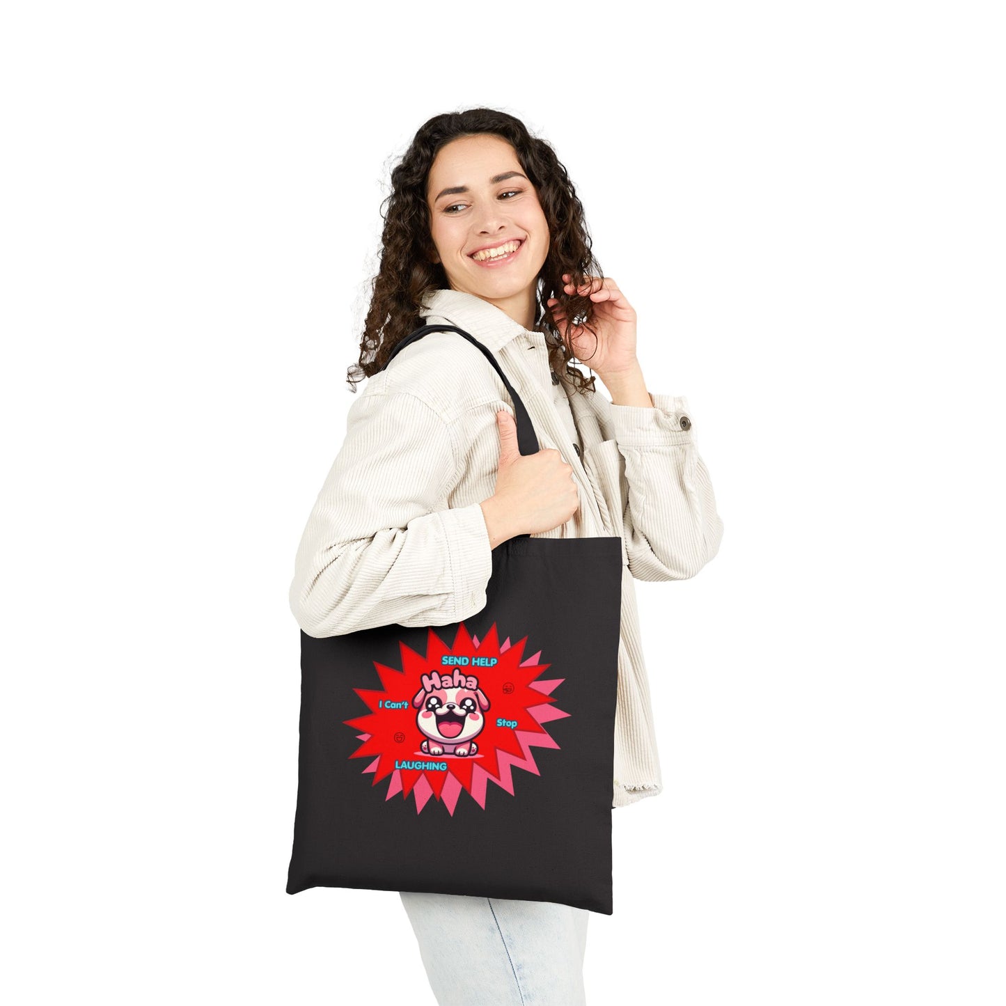 Canvas Tote Bag — Laughing Pink Bulldog "Send Help, I Can't Stop Laughing"