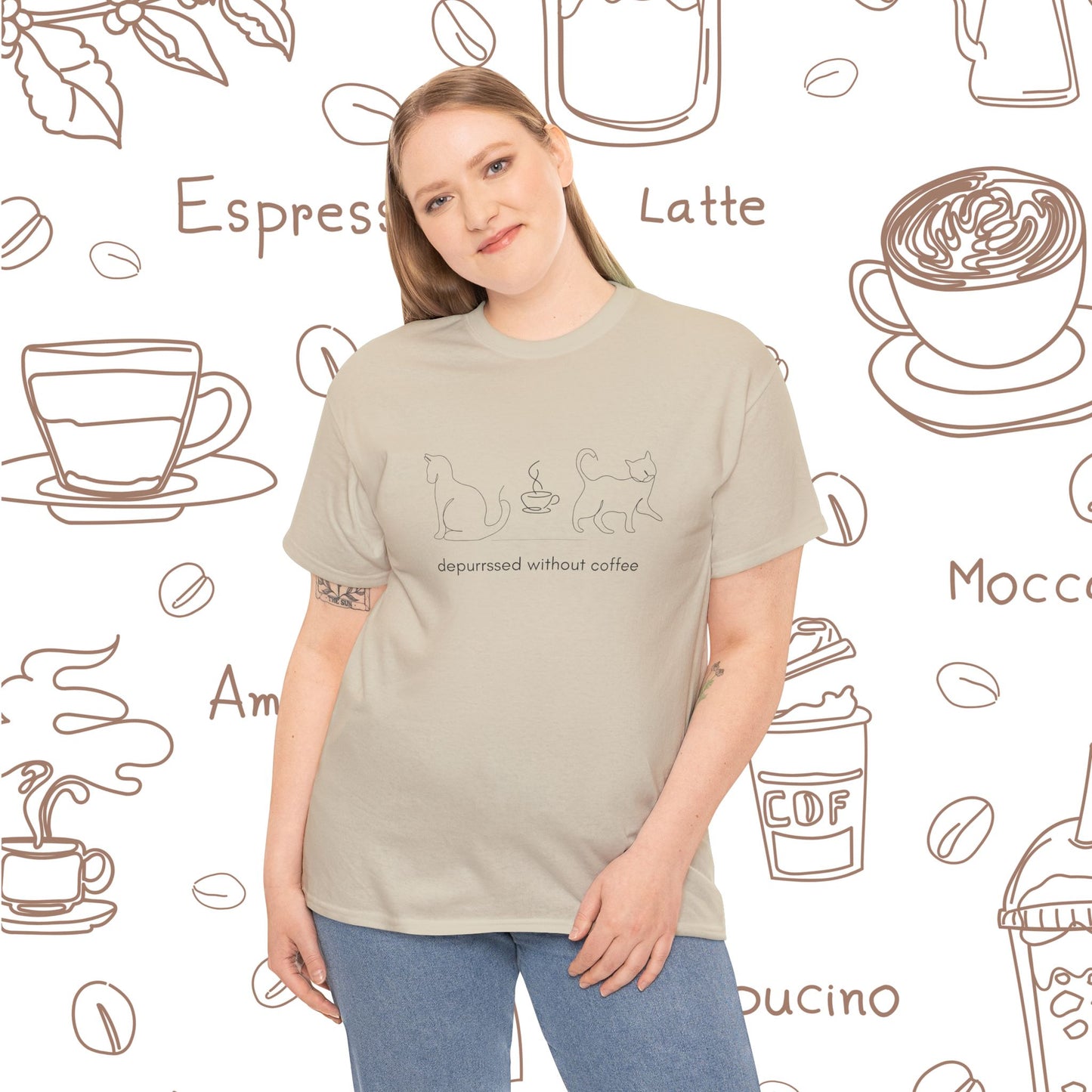 Depurrssed Without Coffee — Minimalist Caffeine Tee, Coffee Cat T‑Shirt