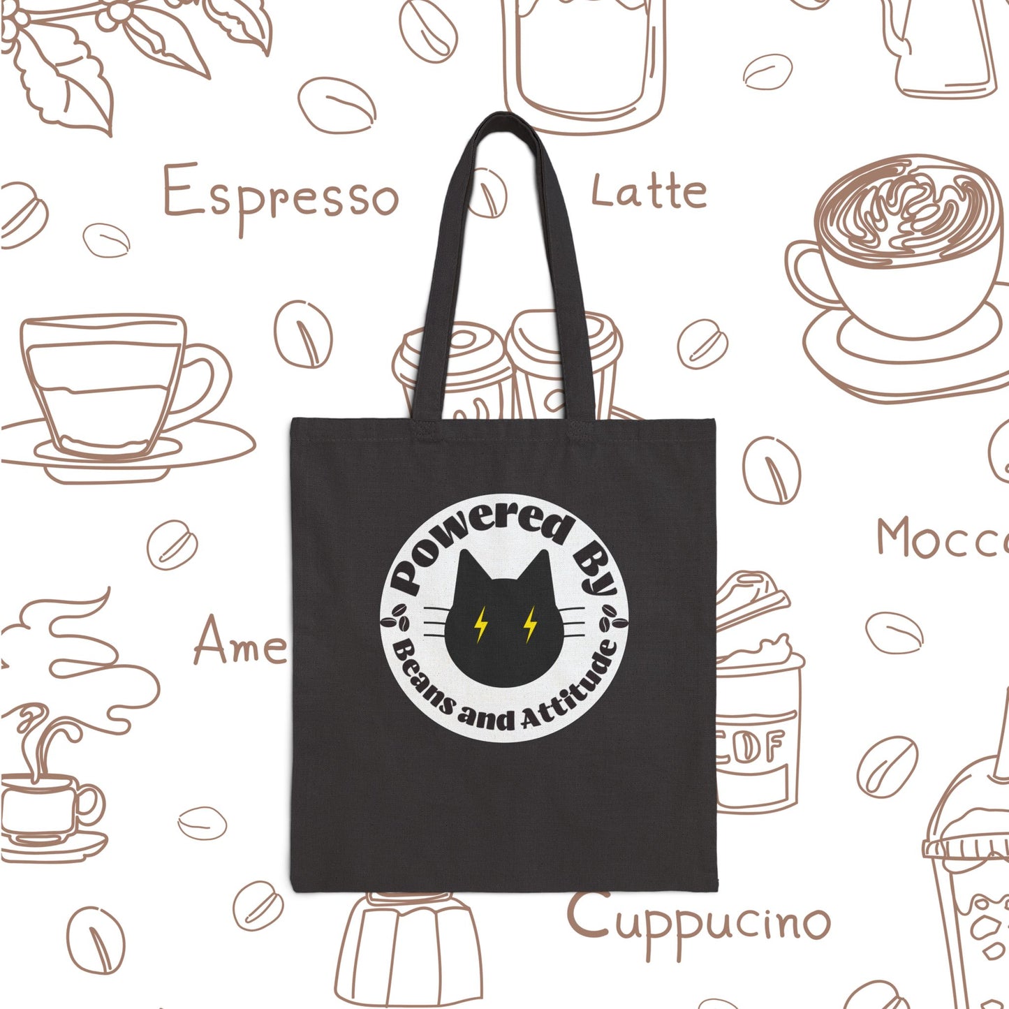 Powered By Beans and Attitude Tote Bag | Coffee Cat Illustration