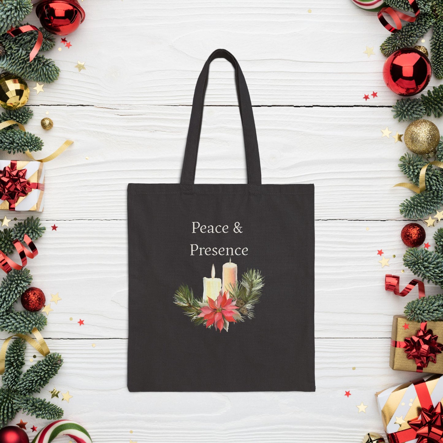 Tote Bag — "Peace & Presence" Holiday Candle Poinsettia Canvas Tote, Cozy Christmas Aesthetic