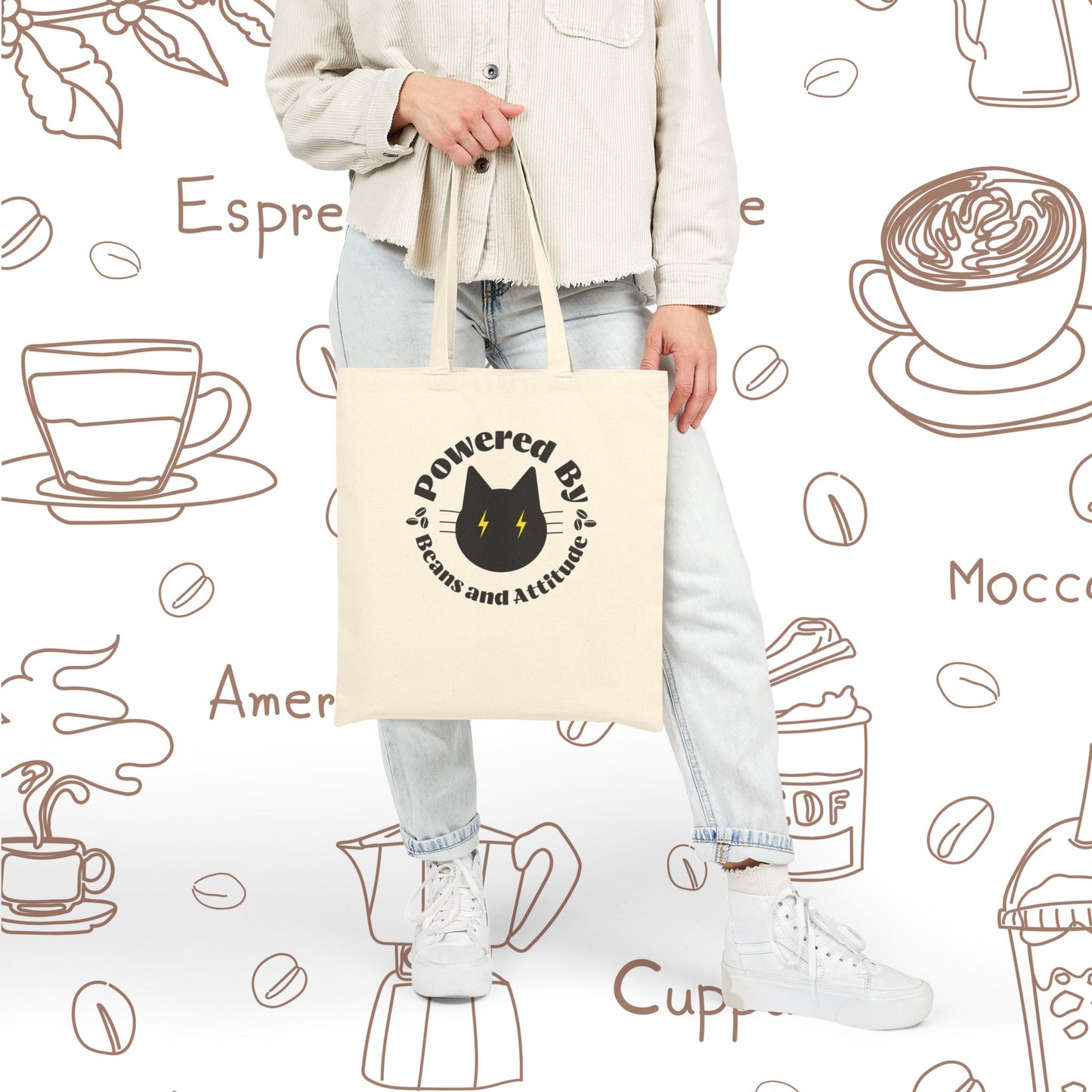Powered By Beans and Attitude Tote Bag | Coffee Cat Illustration