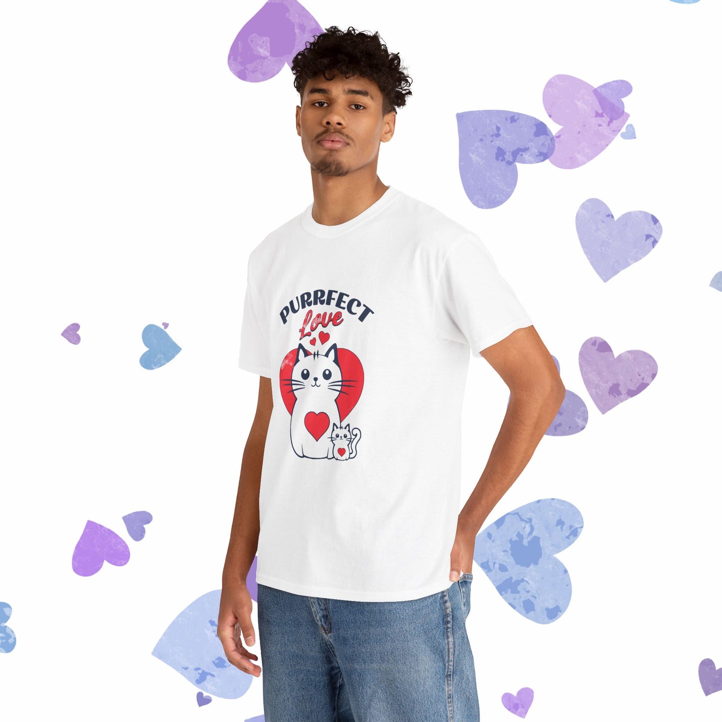 Purrfect Love Cat T-Shirt — Cute Heart Cat Graphic Tee for Cat Lovers, Valentine's Day Gift