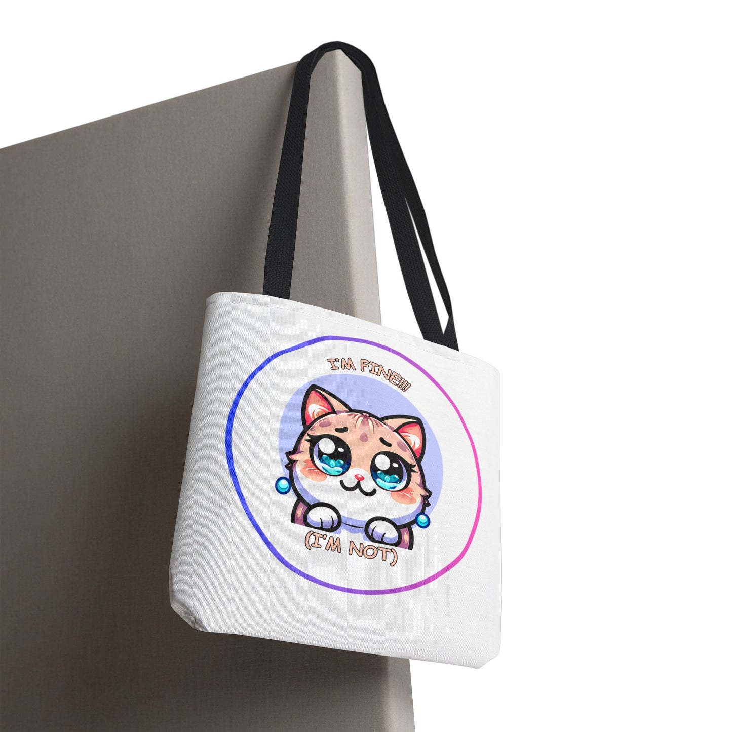 Cute Kawaii Cat Meltdown Emote Tote Bag — "I’m Fine(I'm Not)" Graphic Tote