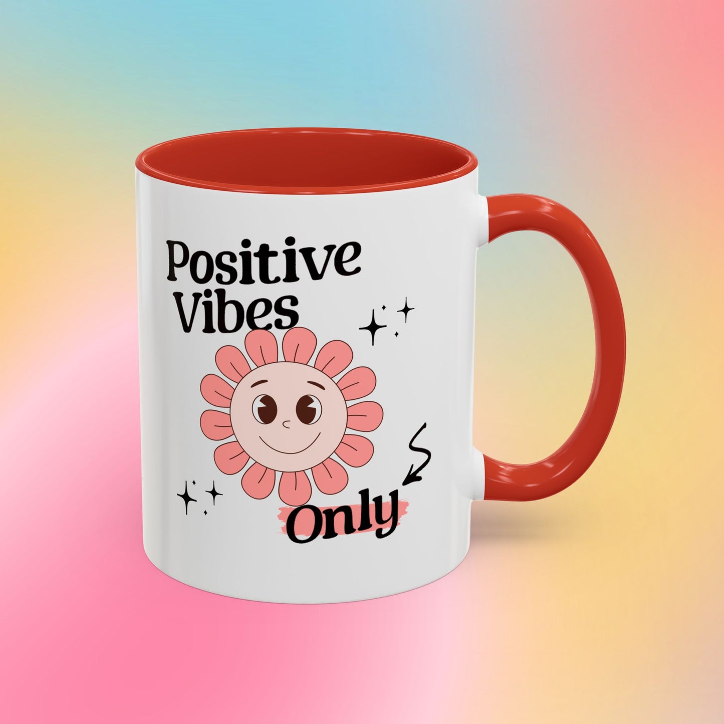 Retro Smiling Pink Flower Accent Coffee Mug — "Positive Vibes Only"