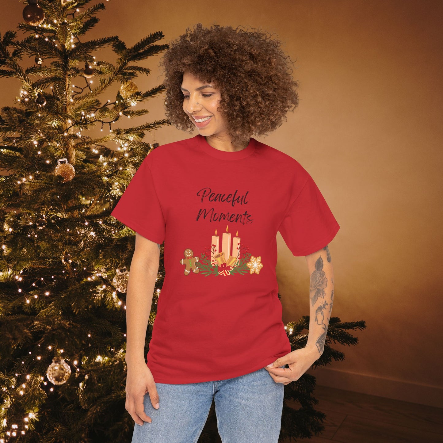 Peaceful Moments Tee — Holiday Candle & Floral Graphic T-Shirt, Cozy Christmas Aesthetic