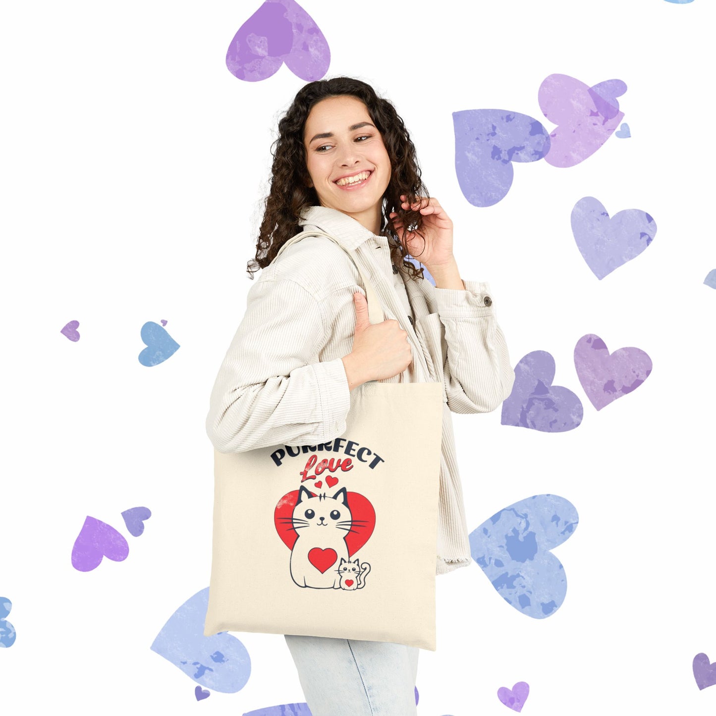 Purrfect Love Cat Tote Bag — Cute Heart Kitten Canvas Shopping Bag