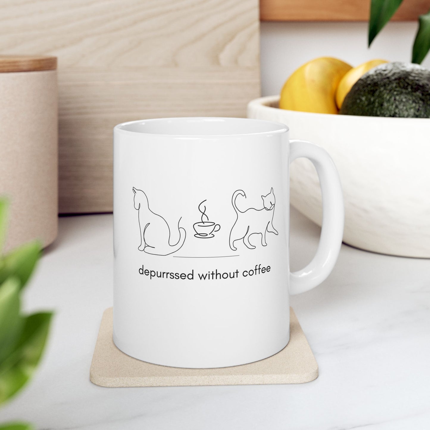Depurrssed Without Coffee Ceramic Mug — Minimalist Cat Coffee Cup (11oz, 15oz)