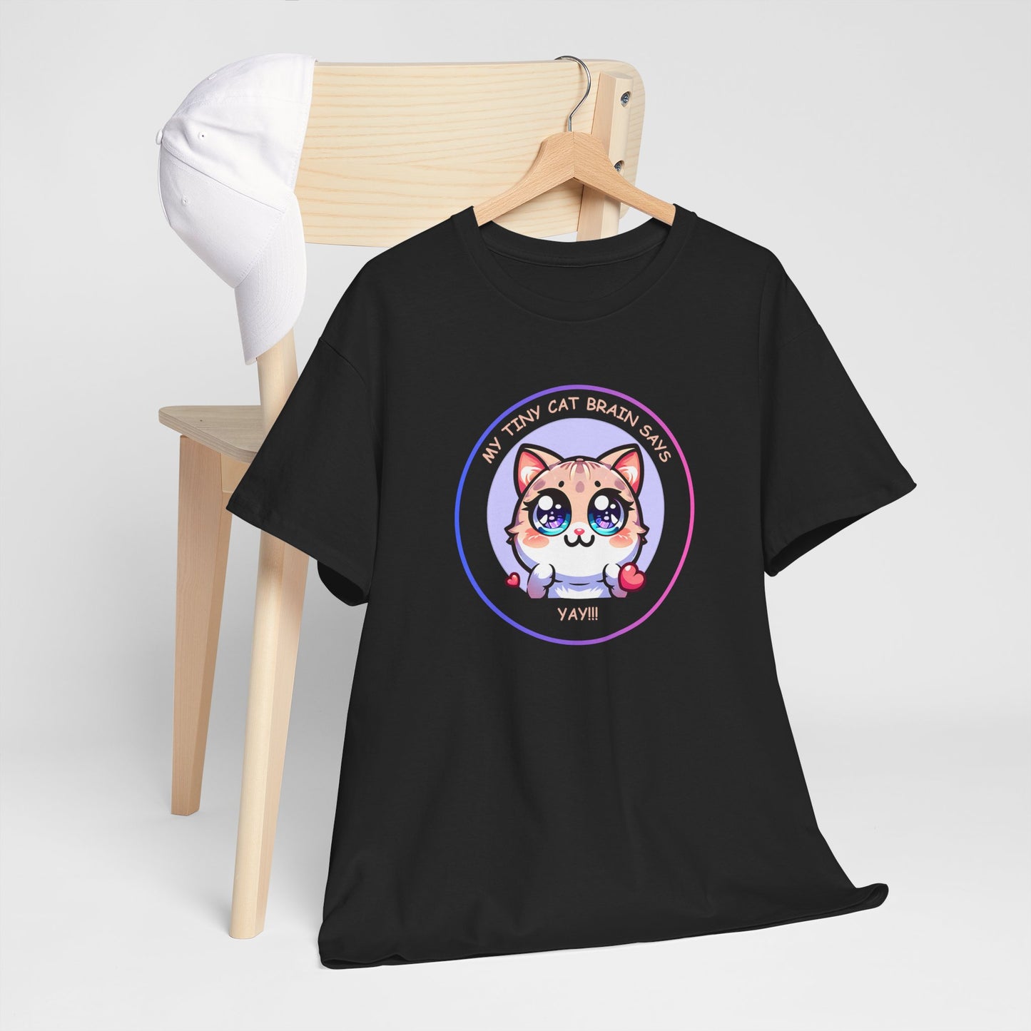 Kawaii Cat Mood Emote Tee — "My Tiny Cat Brain Says, Yay!"