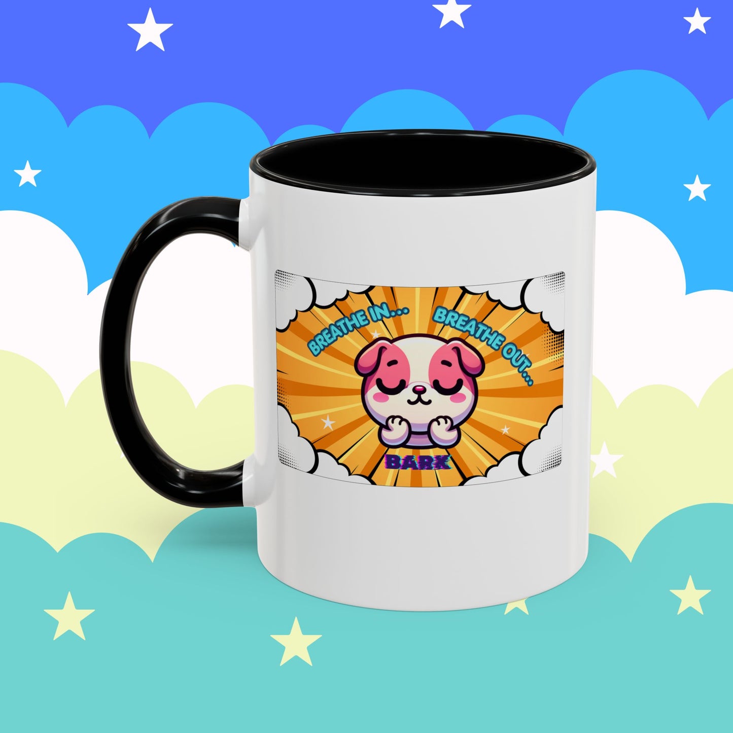 Stay Calm Pink Bulldog Kawaii Emote Coffee Mug — "Breathe In... Breathe Out... Bark"