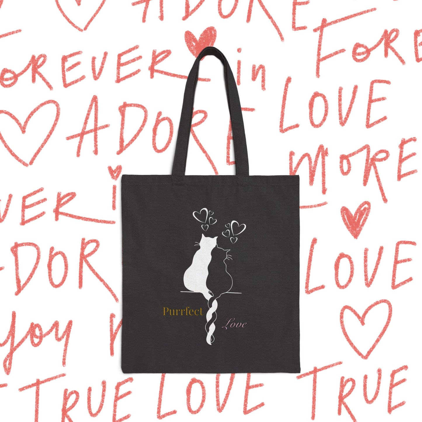 Love Cats Tote Bag — "Purrfect Love" Romantic Cat Couple Canvas Tote