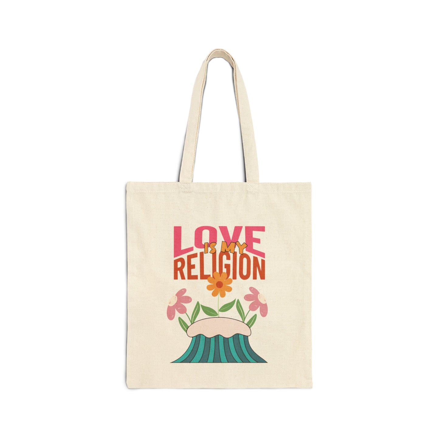 Love Is My Religion Cotton Tote — Floral Retro Canvas Bag