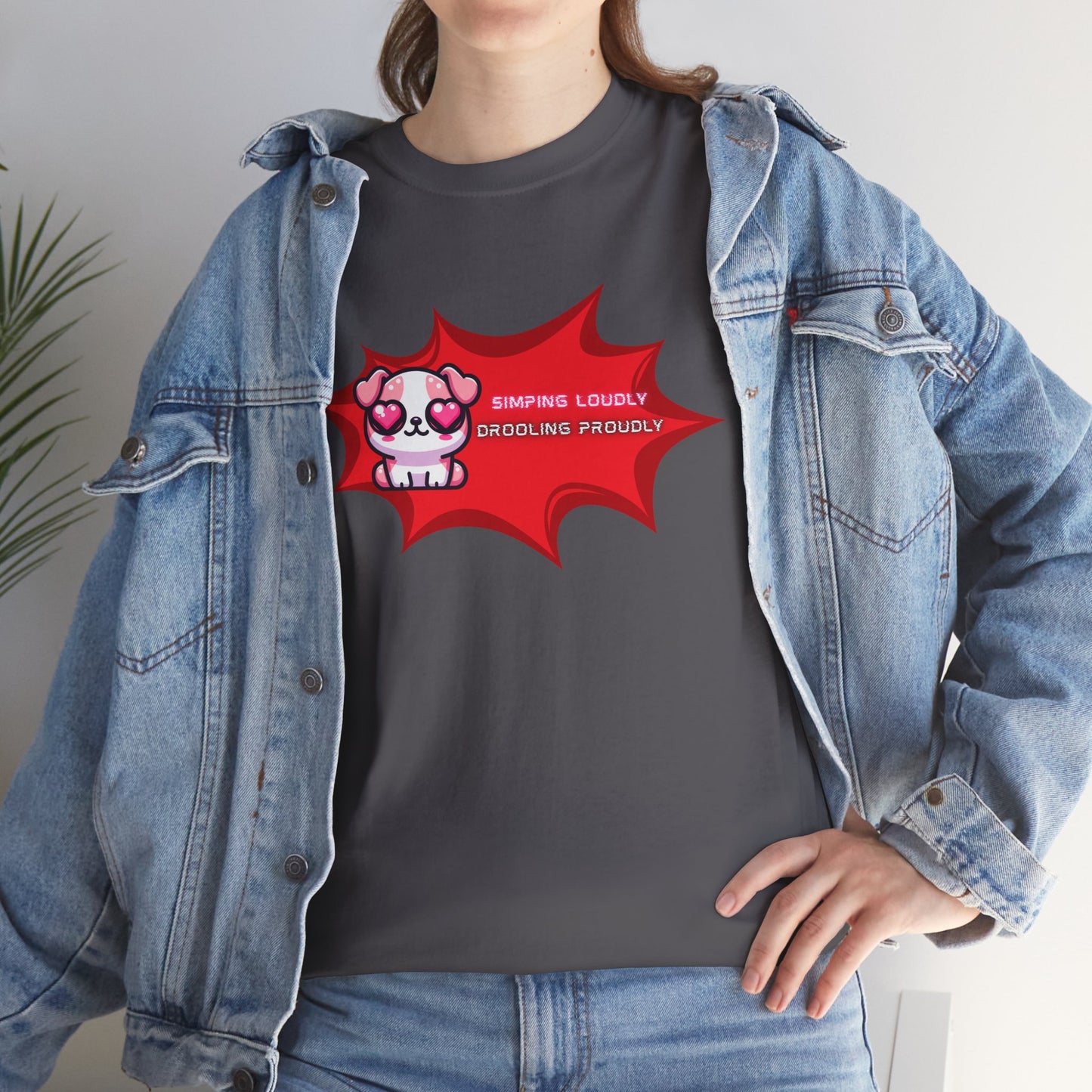 Kawaii Heart-Eyed "Simping Loudly, Drooling Proudly" Pink Bulldog T-Shirt