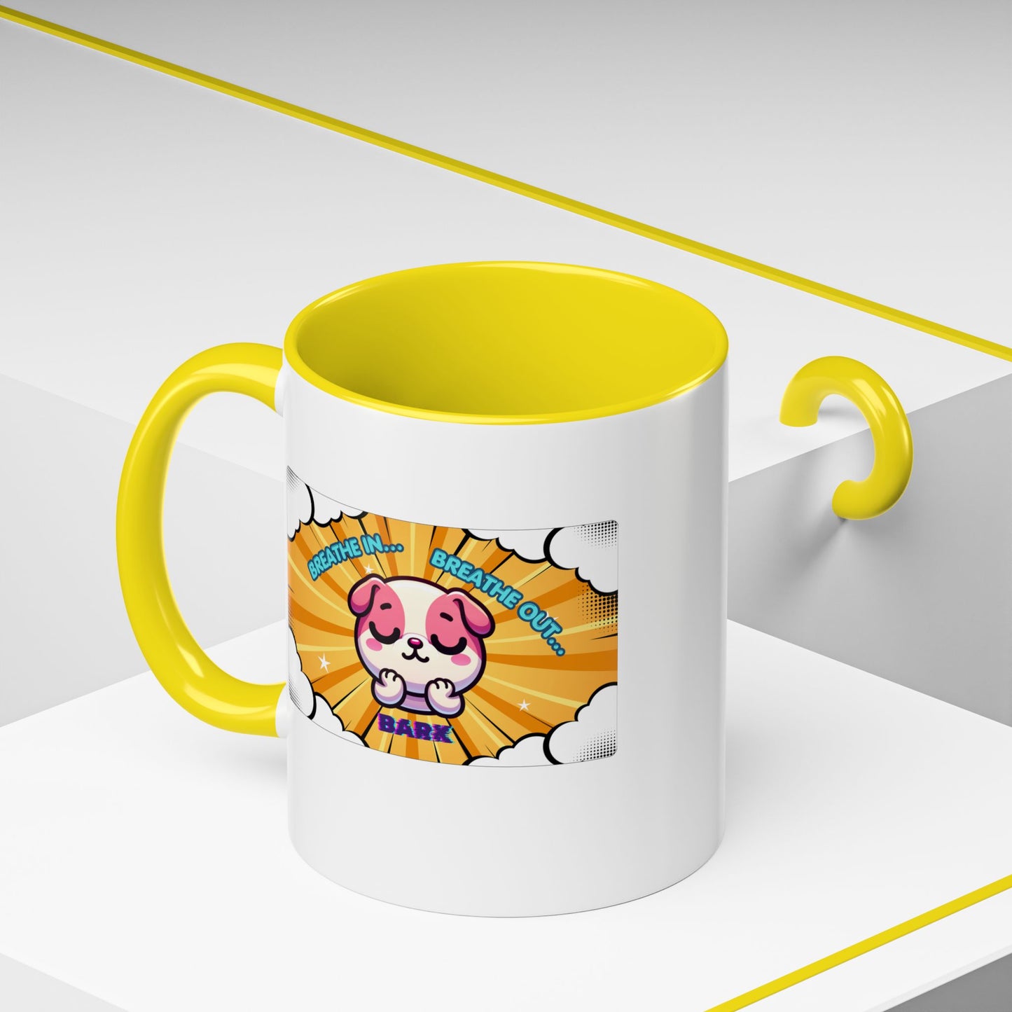 Stay Calm Pink Bulldog Kawaii Emote Coffee Mug — "Breathe In... Breathe Out... Bark"