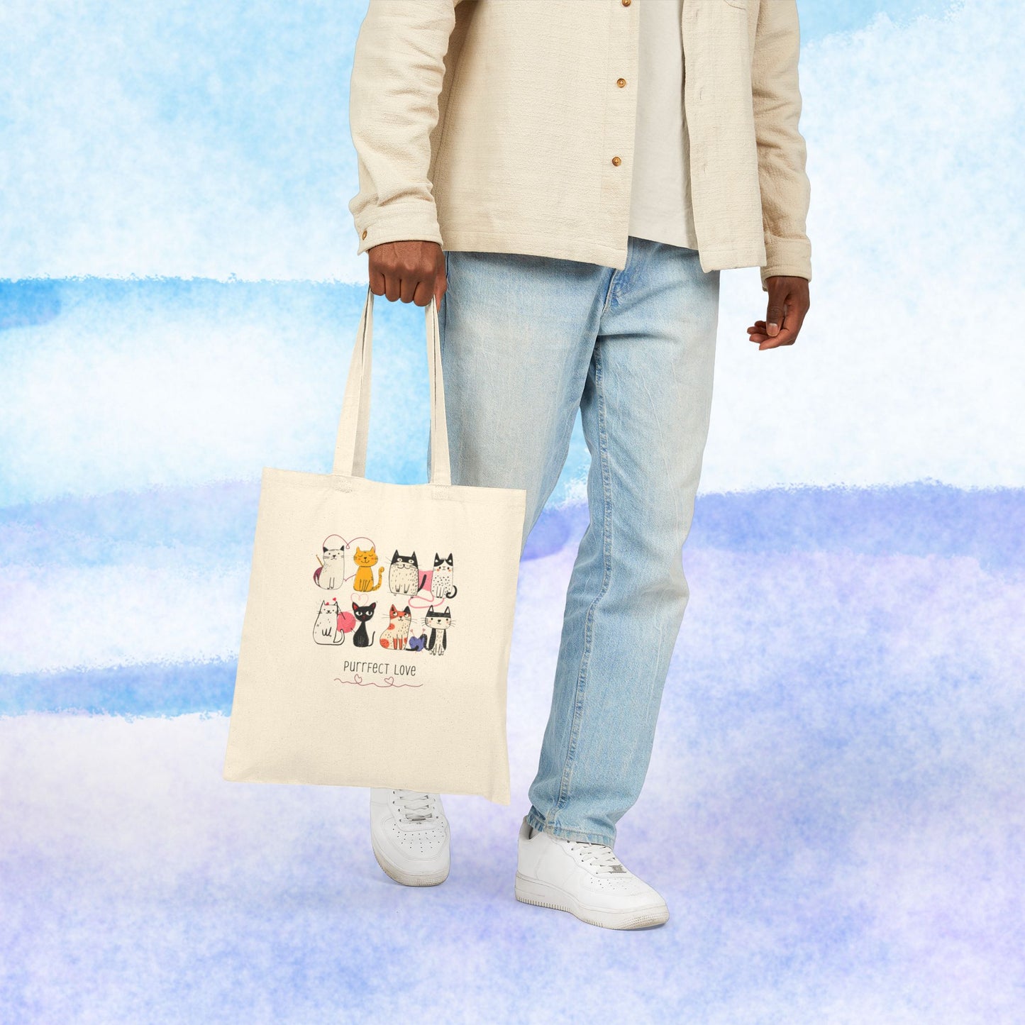 Canvas Tote Bag — "Purrfect Love" Cute Cat Illustration Tote for Cat Lovers