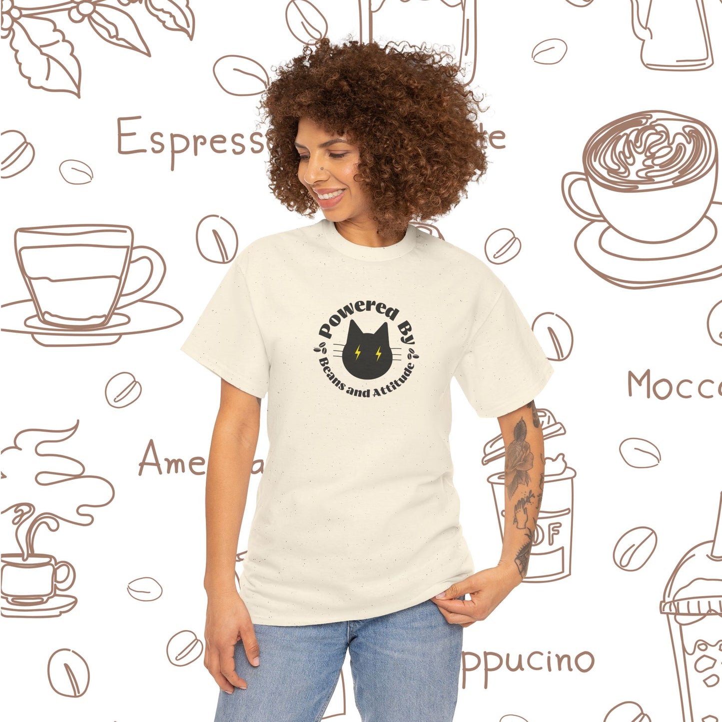 Powered By Beans & Attitude - Coffee Cat graphic tee | minimalist coffee cat illustration, pet lover shirt