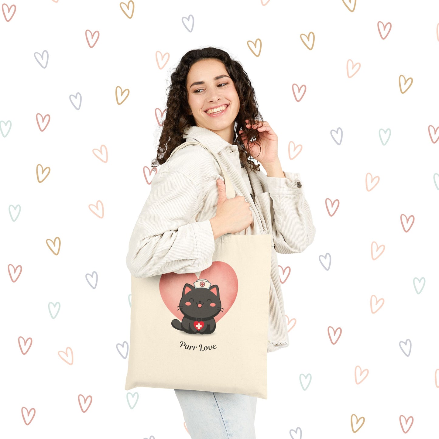 Nurse Cat Canvas Tote — "Purr Love" Valentine Cat Nurse