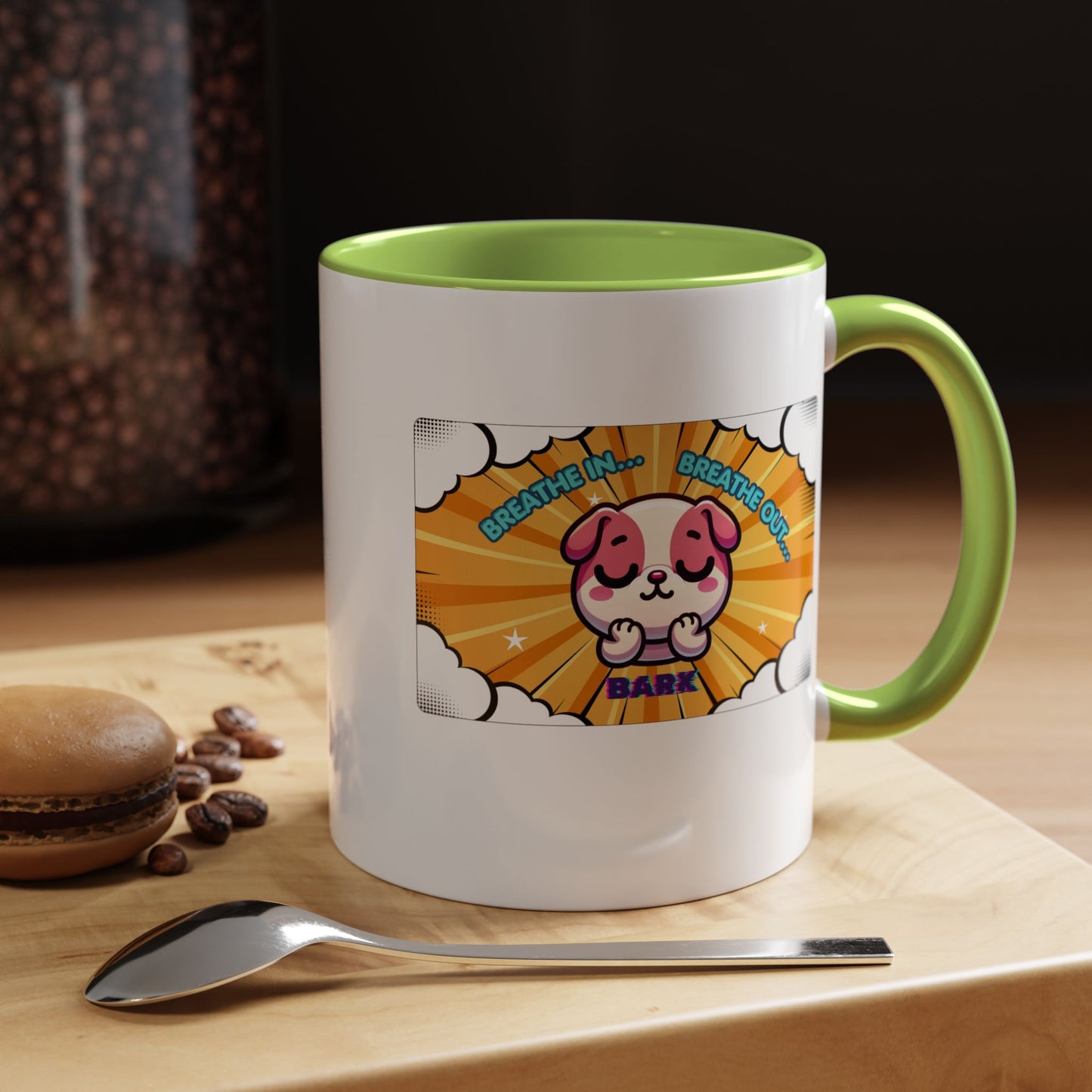 Stay Calm Pink Bulldog Kawaii Emote Coffee Mug — "Breathe In... Breathe Out... Bark"