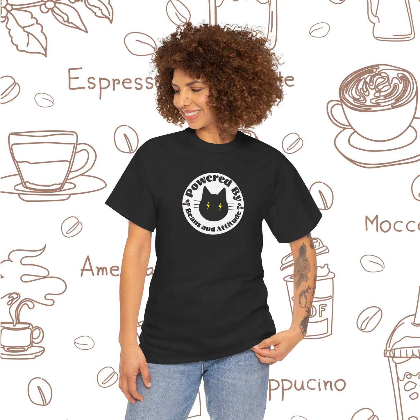 Powered By Beans & Attitude - Coffee Cat graphic tee | minimalist coffee cat illustration, pet lover shirt