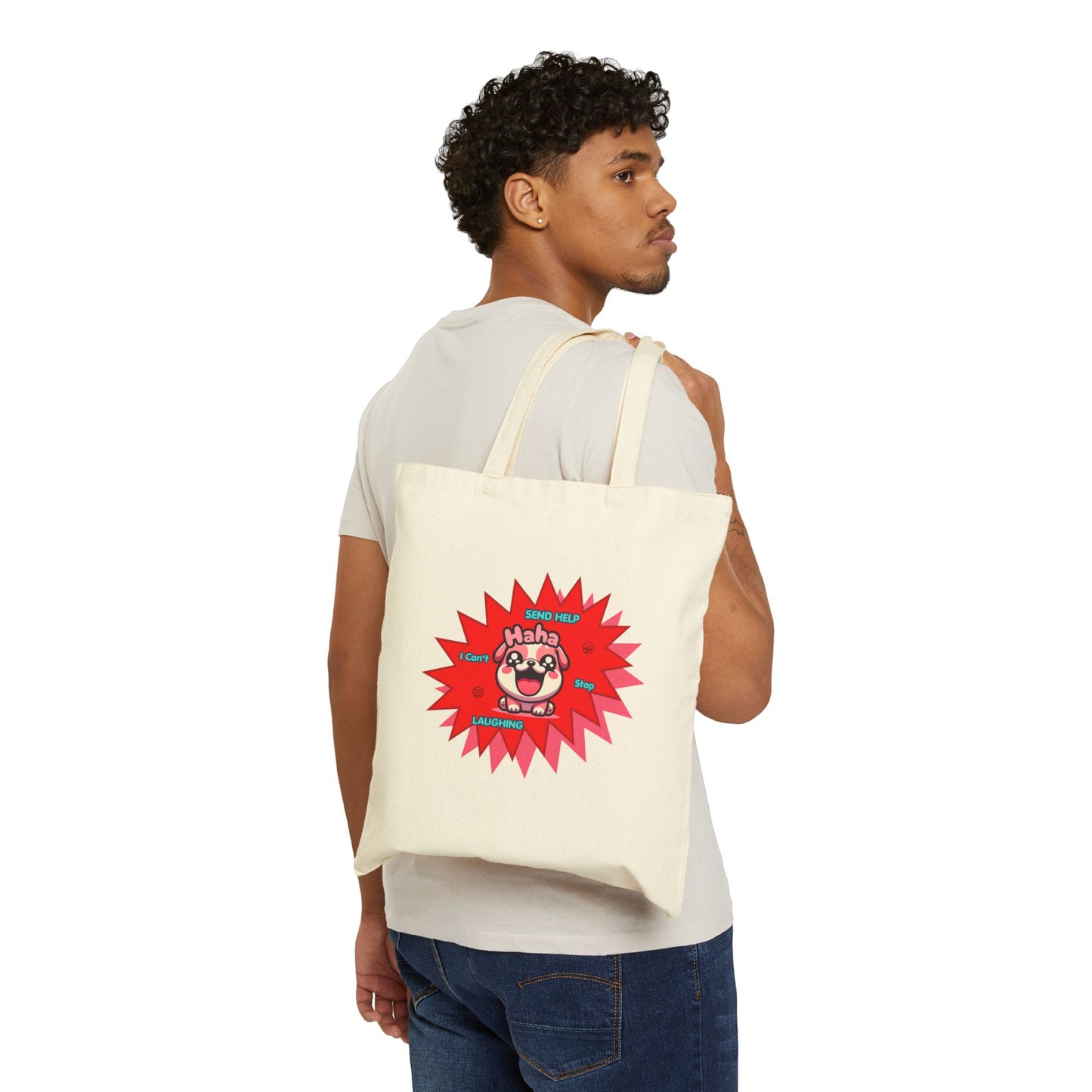 Canvas Tote Bag — Laughing Pink Bulldog "Send Help, I Can't Stop Laughing"