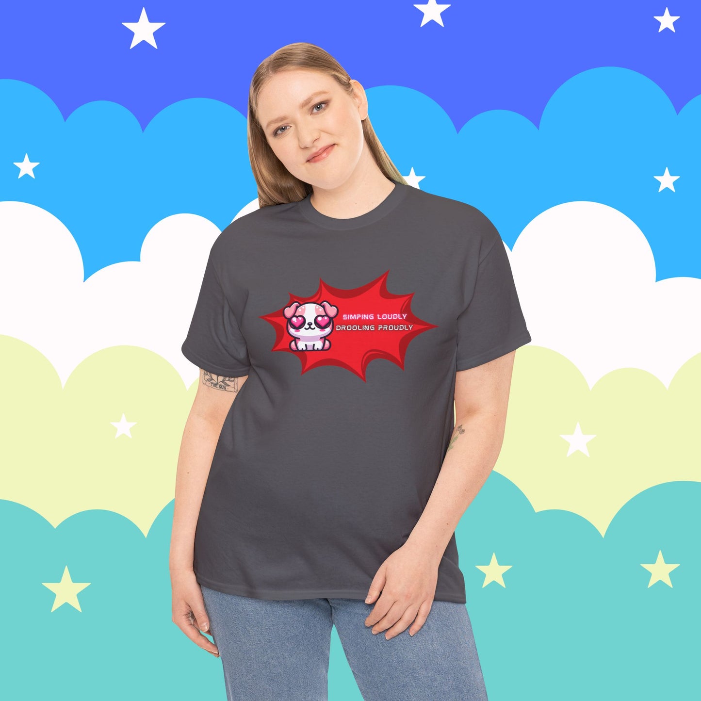 Kawaii Heart-Eyed "Simping Loudly, Drooling Proudly" Pink Bulldog T-Shirt