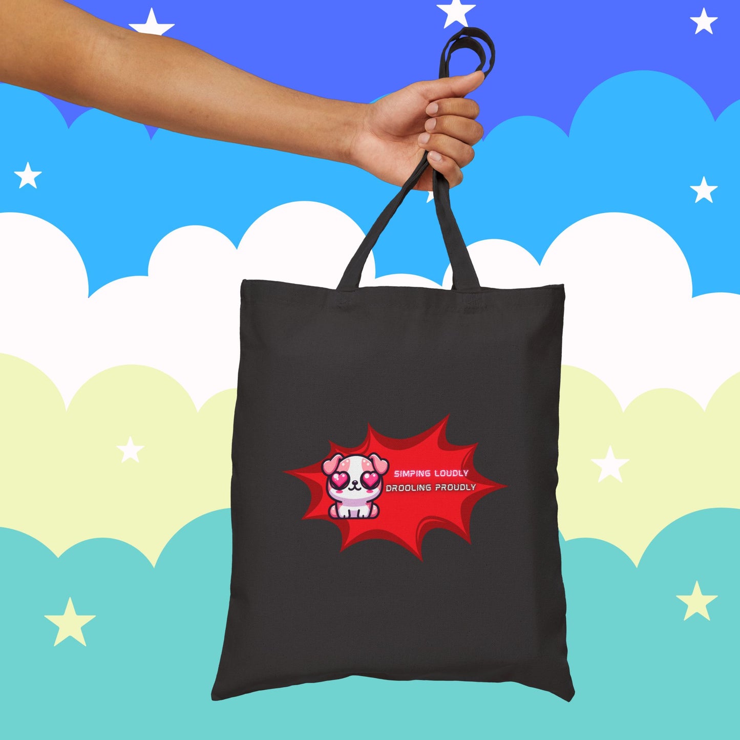 Kawaii Heart-Eyed Bulldog Tote — “Simping Loudly, Drooling Proudly” Cotton Canvas Bag