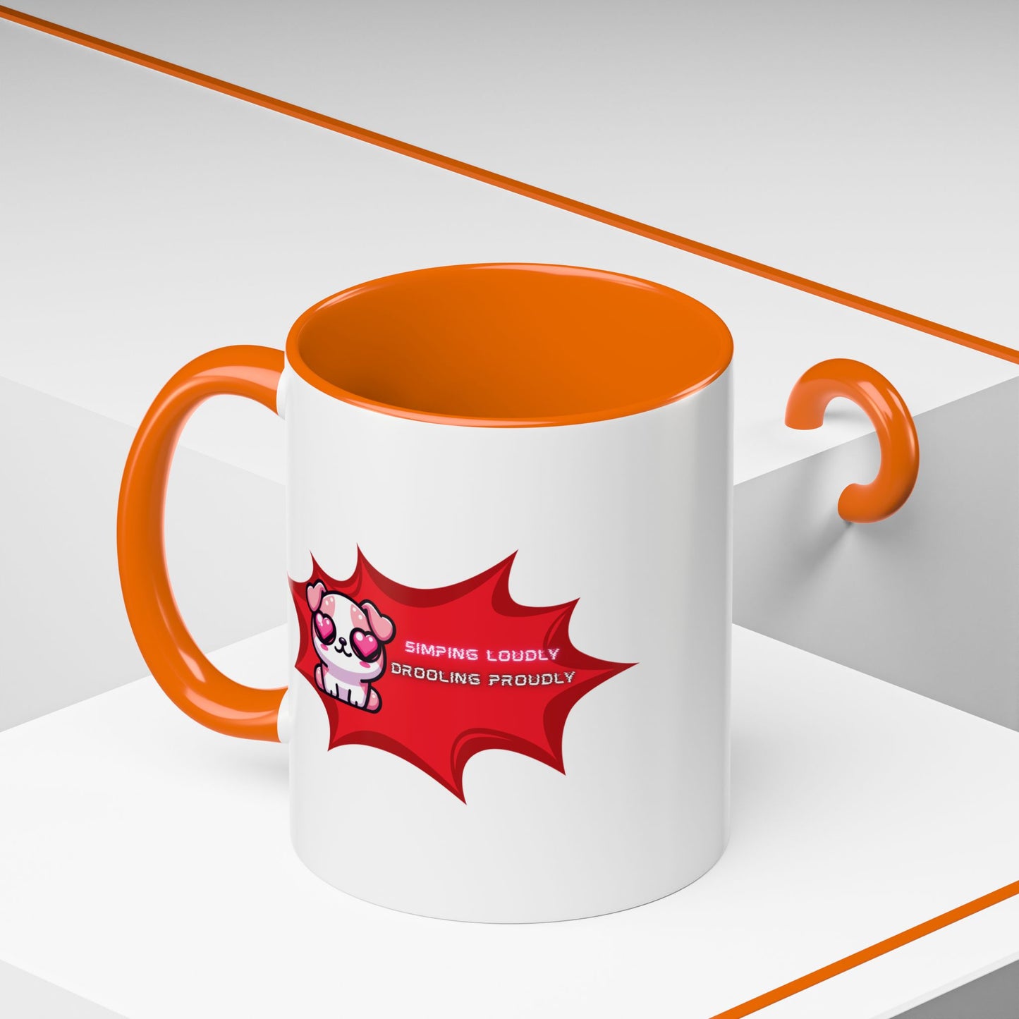 Cute Pink Bulldog Coffee Mug — “Simping Loudly, Drooling Proudly” Kawaii Heart-Eyed