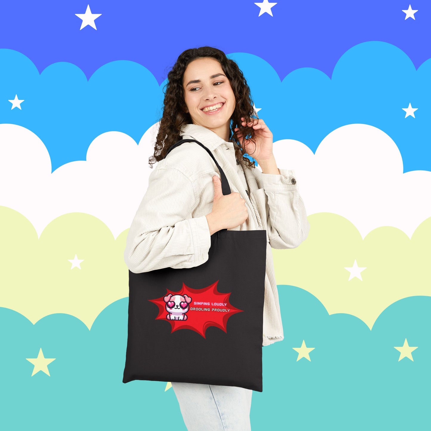 Kawaii Heart-Eyed Bulldog Tote — “Simping Loudly, Drooling Proudly” Cotton Canvas Bag